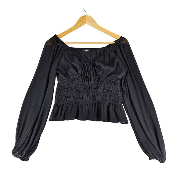 EXPRESS WOMENS BLACK SMOCKED PUFF SLEEVE BLOUSE SIZE XS SQUARE NECK - Picture 1 of 10